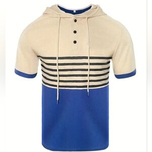 New Mens Hooded Henley Color Block Pattern Waffle Knit, Short Sleeve Shirt XL